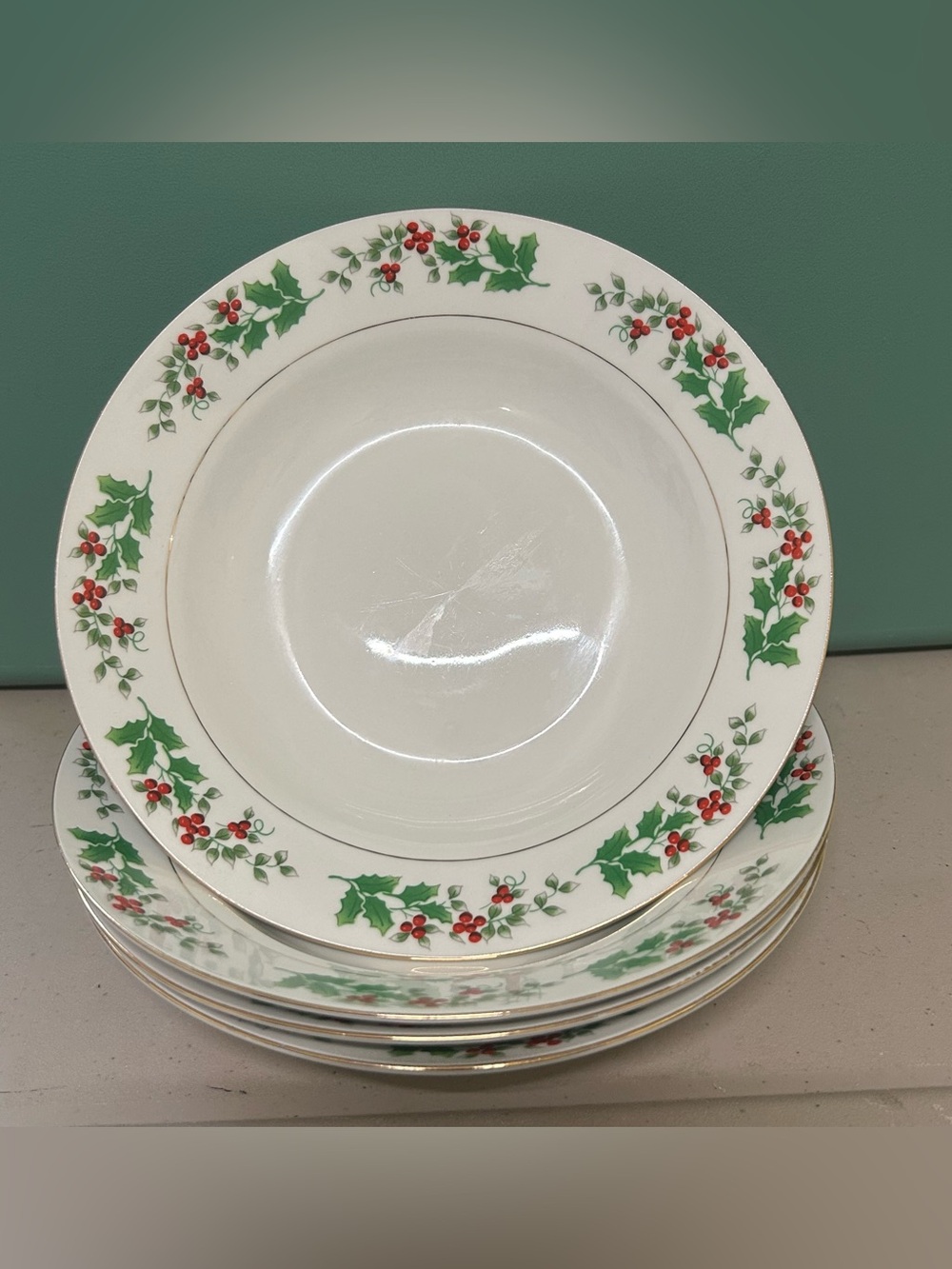 VTG Gibson Christmas Charm Holly Berries Rim Soup Bowls - Set of 4